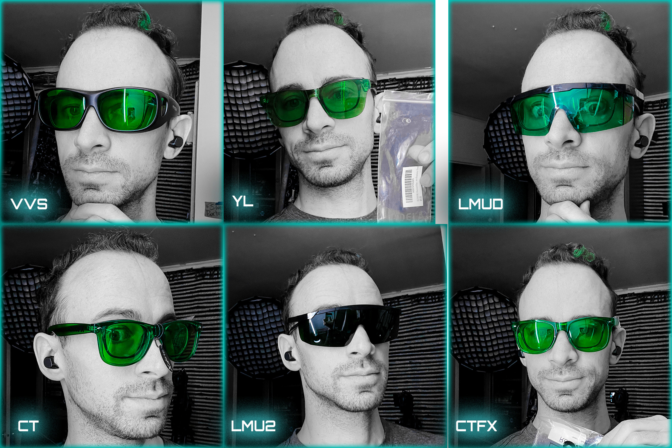 All 6 pairs of green glasses tested, labeled with their IDs