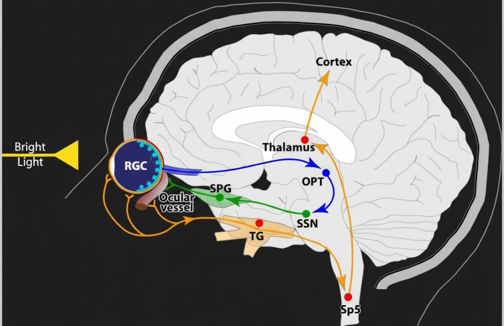 A schematic representation of the photophobia circuit. Retinal Ganglion Cells (RGC) detect bright light and transmit signals to the brainstem. These signals interact with the parasympathetic outflow (Blue pathway) and the trigeminovascular system (Orange pathway).